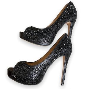 Lauren Lorraine Candy black Bling rhinestone heels peep toe stilettos Size 7.5